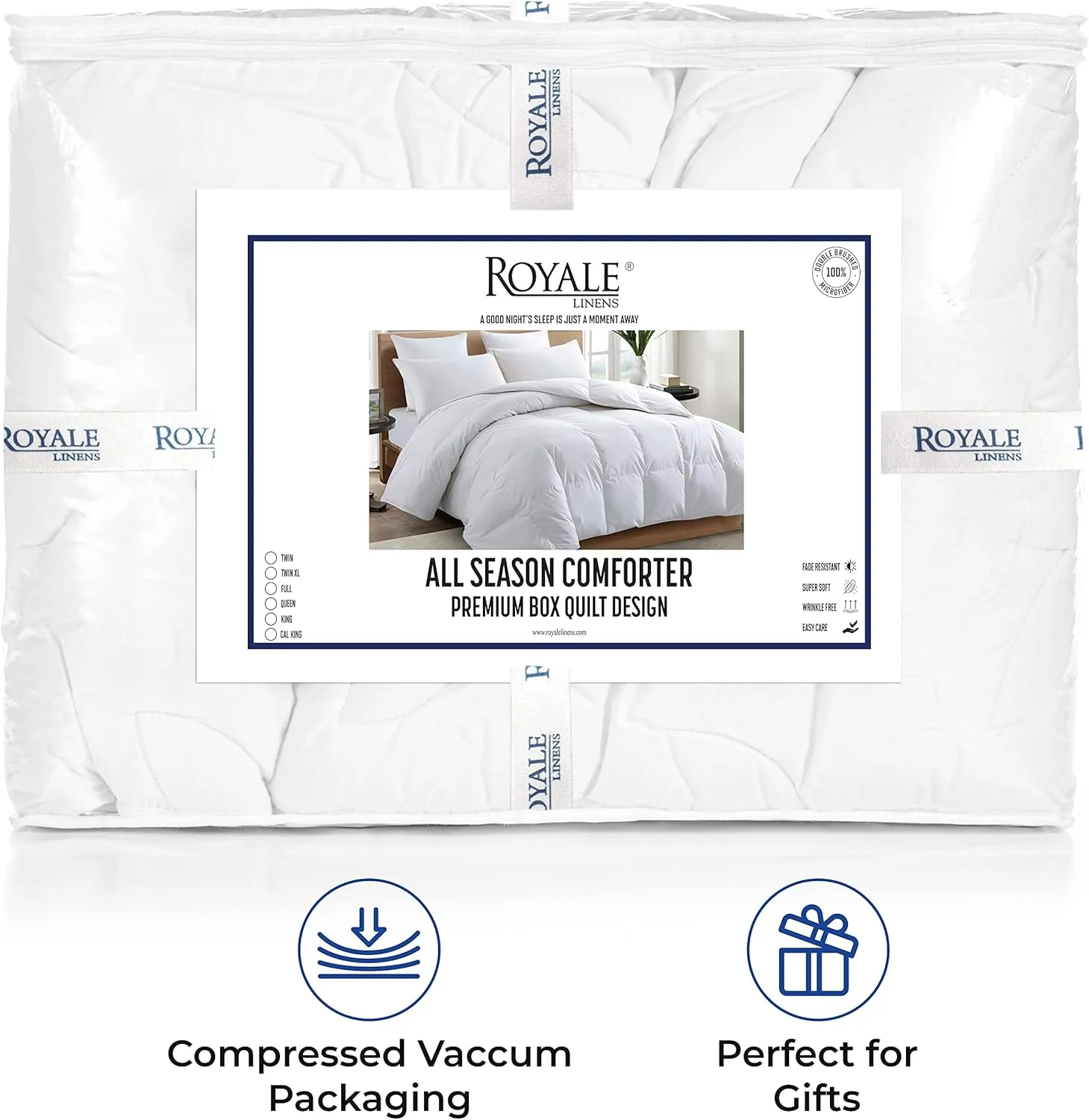 ROYALE Queen All Season Down Alternative Bedding - Lightweight Quilted Comforter with Corner Tabs - Ultra Soft Luxury Hotel Comforter - Box Stitched Duvet Insert (Queen, White)