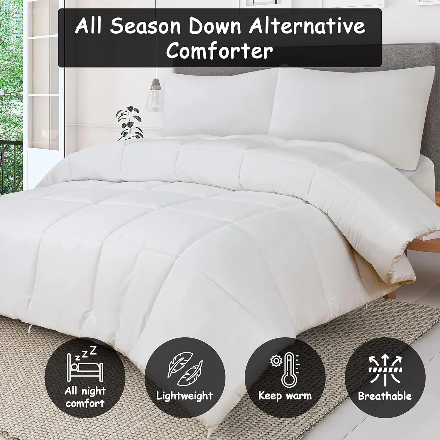ROYALE Queen All Season Down Alternative Bedding - Lightweight Quilted Comforter with Corner Tabs - Ultra Soft Luxury Hotel Comforter - Box Stitched Duvet Insert (Queen, White)