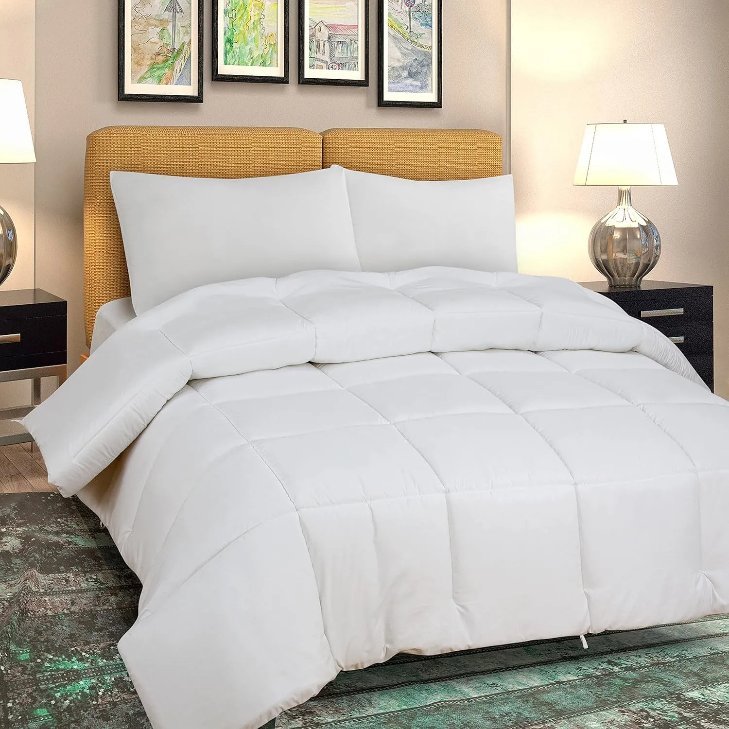 ROYALE Queen All Season Down Alternative Bedding - Lightweight Quilted Comforter with Corner Tabs - Ultra Soft Luxury Hotel Comforter - Box Stitched Duvet Insert (Queen, White)