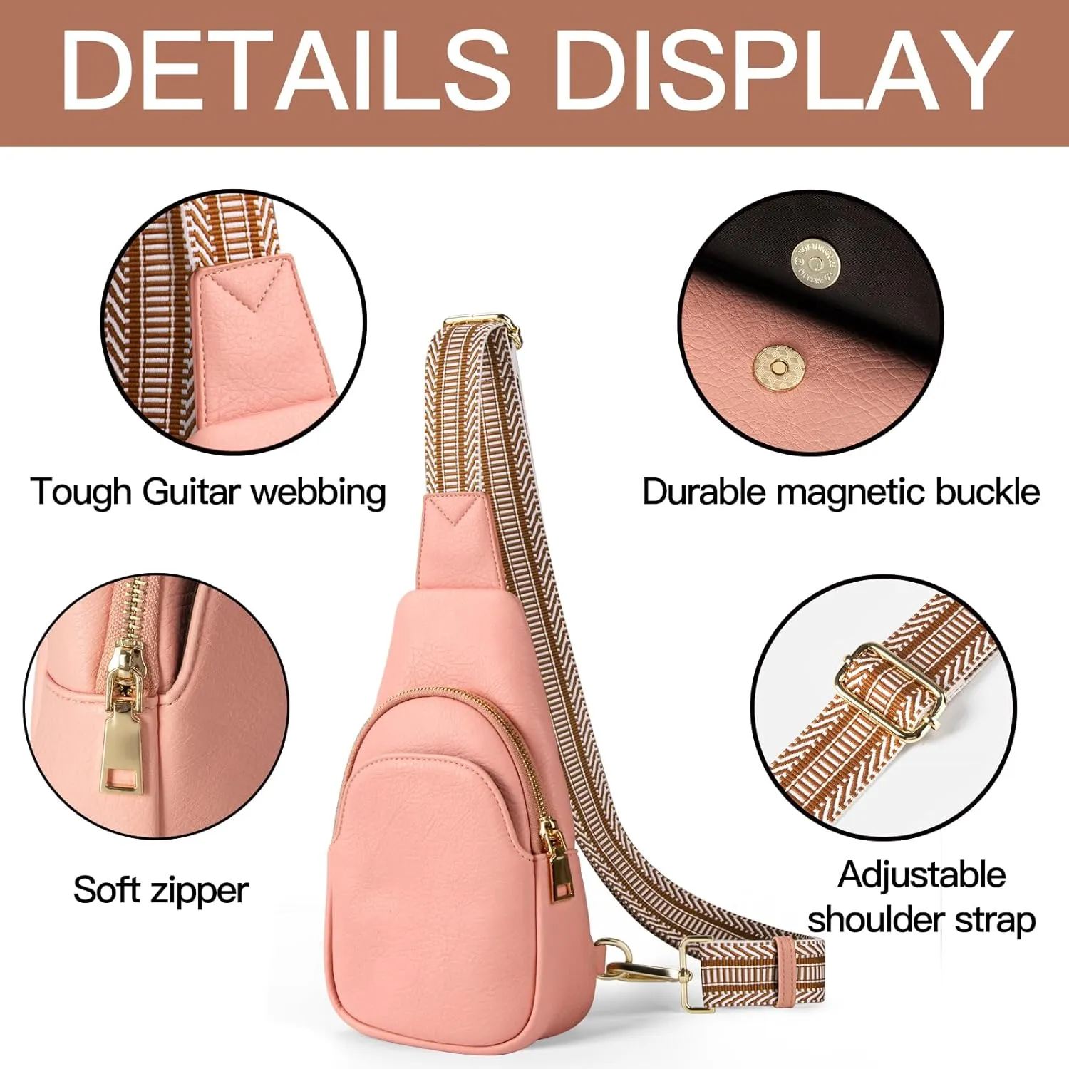 RUNBOX Sling Bag for Crossbody Use - Trendy PU Leather Fanny Pack in Pink