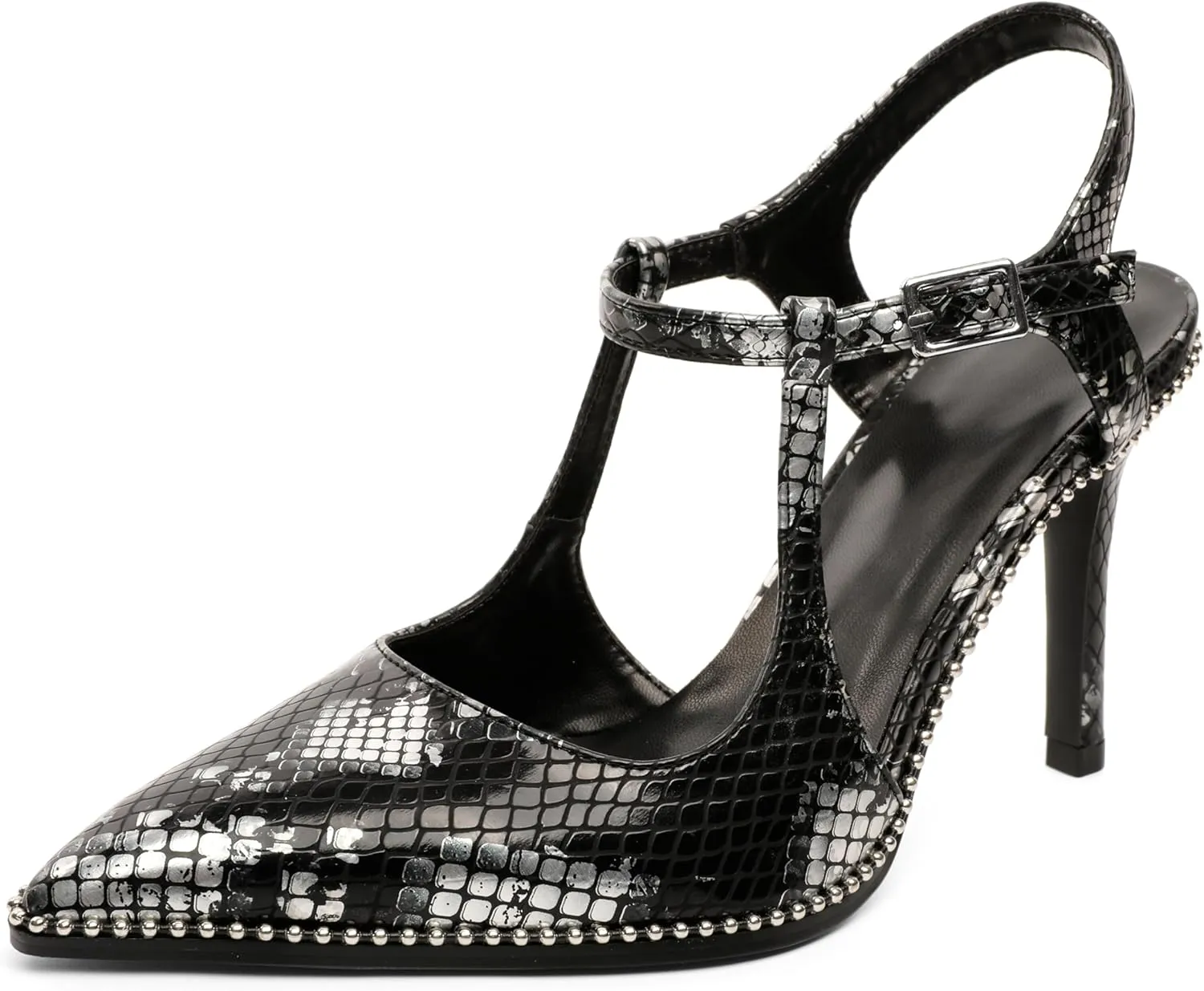 SAMMITOP Womens High Heels Ankle Strap Pointed Toe Stilettos Patent Leather Beaded Pumps Dress Shoes 3.5 Inch
