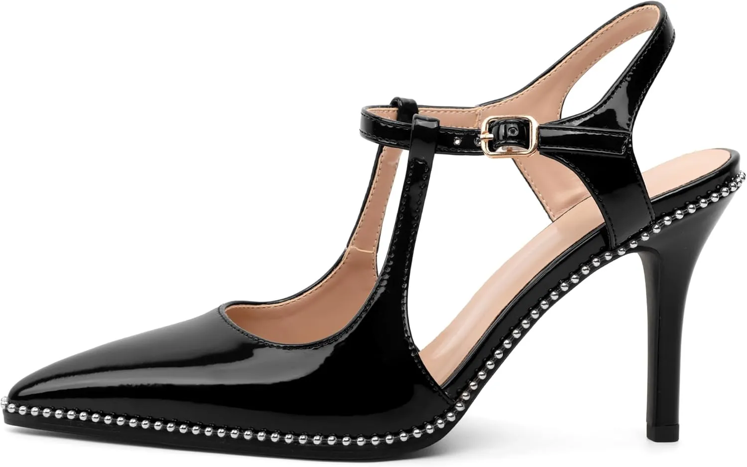 SAMMITOP Womens High Heels Ankle Strap Pointed Toe Stilettos Patent Leather Beaded Pumps Dress Shoes 3.5 Inch