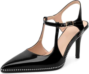 SAMMITOP Womens High Heels Ankle Strap Pointed Toe Stilettos Patent Leather Beaded Pumps Dress Shoes 3.5 Inch