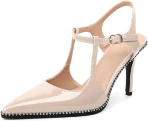 SAMMITOP Womens High Heels Pointed Toe Ankle Strap Pumps Silver Beaded T-Strap Stilettos Sexy Heeled Office Wedding Dress Shoes 3.5 Inch