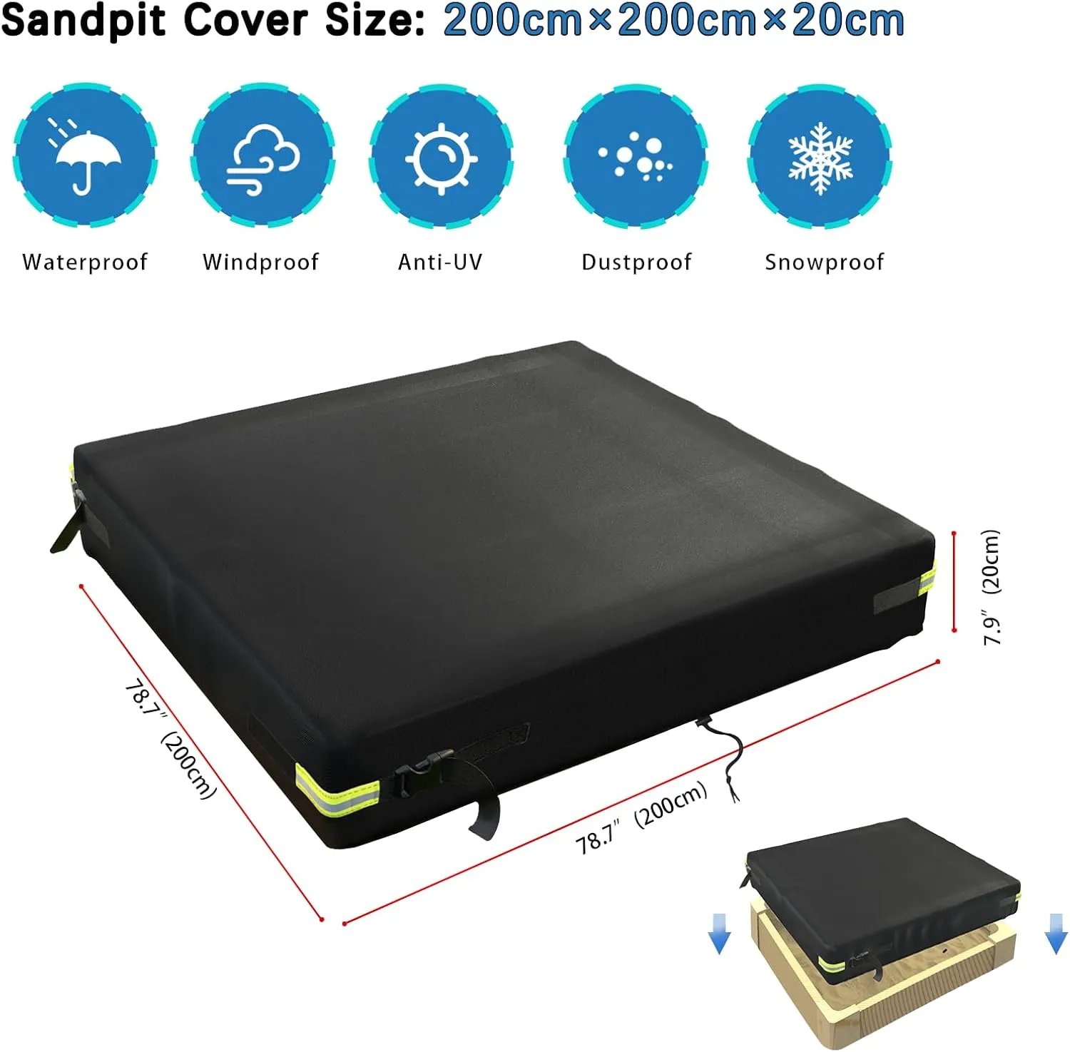 Sandbox Cover Waterproof 600D Oxford Cloth PVC Coating Rainproof Anti UV Heavy Duty Square Sandbox Cover,for Kids Outdoor Protect Sandbox Sand and Toys,Cover Only (Black, 78.7" x 78.7" x 7.9")