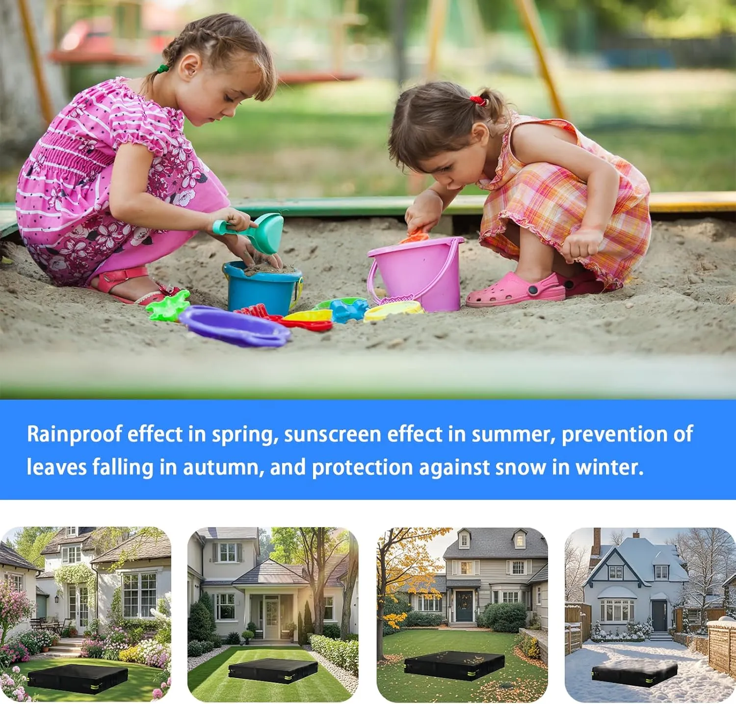 Sandbox Cover Waterproof 600D Oxford Cloth PVC Coating Rainproof Anti UV Heavy Duty Square Sandbox Cover,for Kids Outdoor Protect Sandbox Sand and Toys,Cover Only (Black, 78.7" x 78.7" x 7.9")