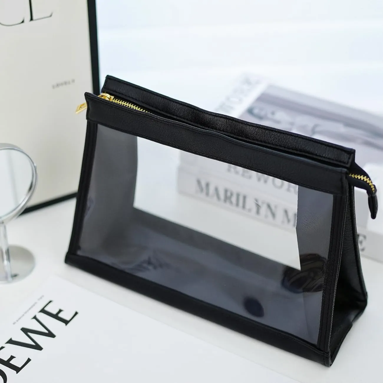 SANHECUN Women Travel Toiletry Bag Make Up Bag Cosmetic Essentials Transparent Makeup Wash Pouch 2 pcs (Transparent, Black)