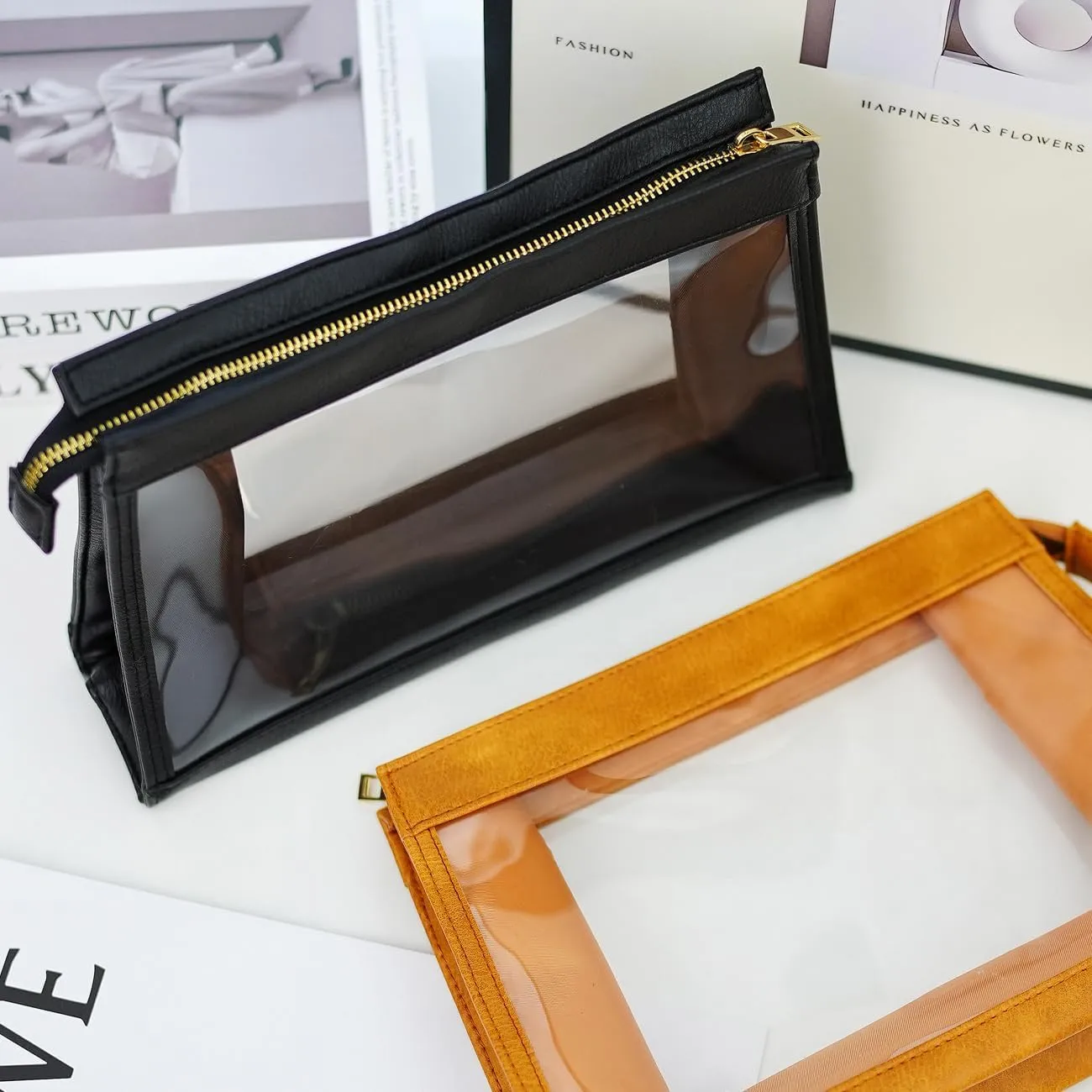 SANHECUN Women Travel Toiletry Bag Make Up Bag Cosmetic Essentials Transparent Makeup Wash Pouch 2 pcs (Transparent, Black)