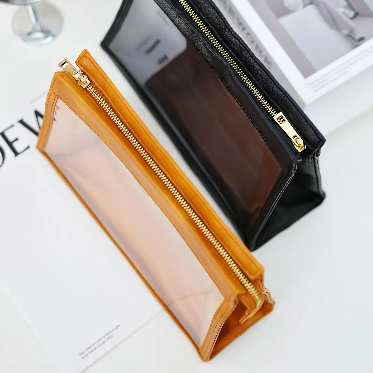 SANHECUN Women Travel Toiletry Bag Make Up Bag Cosmetic Essentials Transparent Makeup Wash Pouch 2 pcs (Transparent, Black)