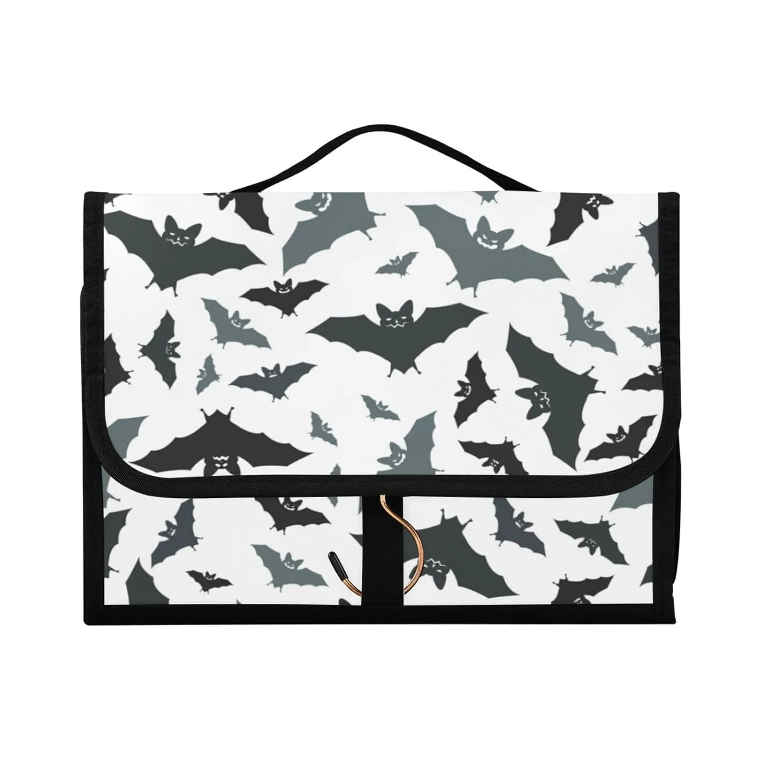 Seamless Black Grey Bats on White 1 PC Hanging Toiletry Wash bag Portable Makeup Organizer Brush Storage Case Portable Travel Cosmetic with Hook