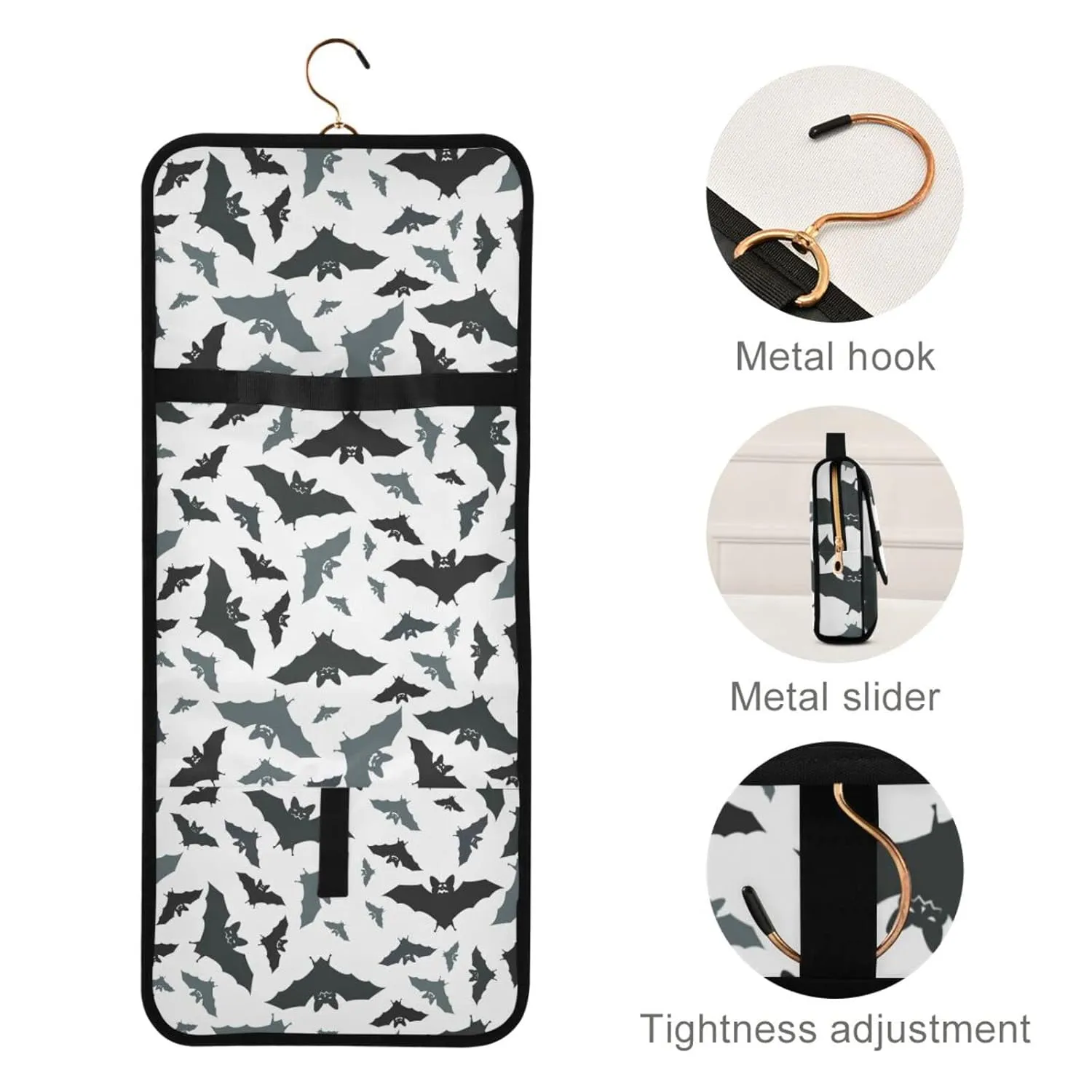 Seamless Black Grey Bats on White 1 PC Hanging Toiletry Wash bag Portable Makeup Organizer Brush Storage Case Portable Travel Cosmetic with Hook