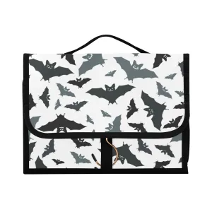 Seamless Black Grey Bats on White 1 PC Hanging Toiletry Wash bag Portable Makeup Organizer Brush Storage Case Portable Travel Cosmetic with Hook