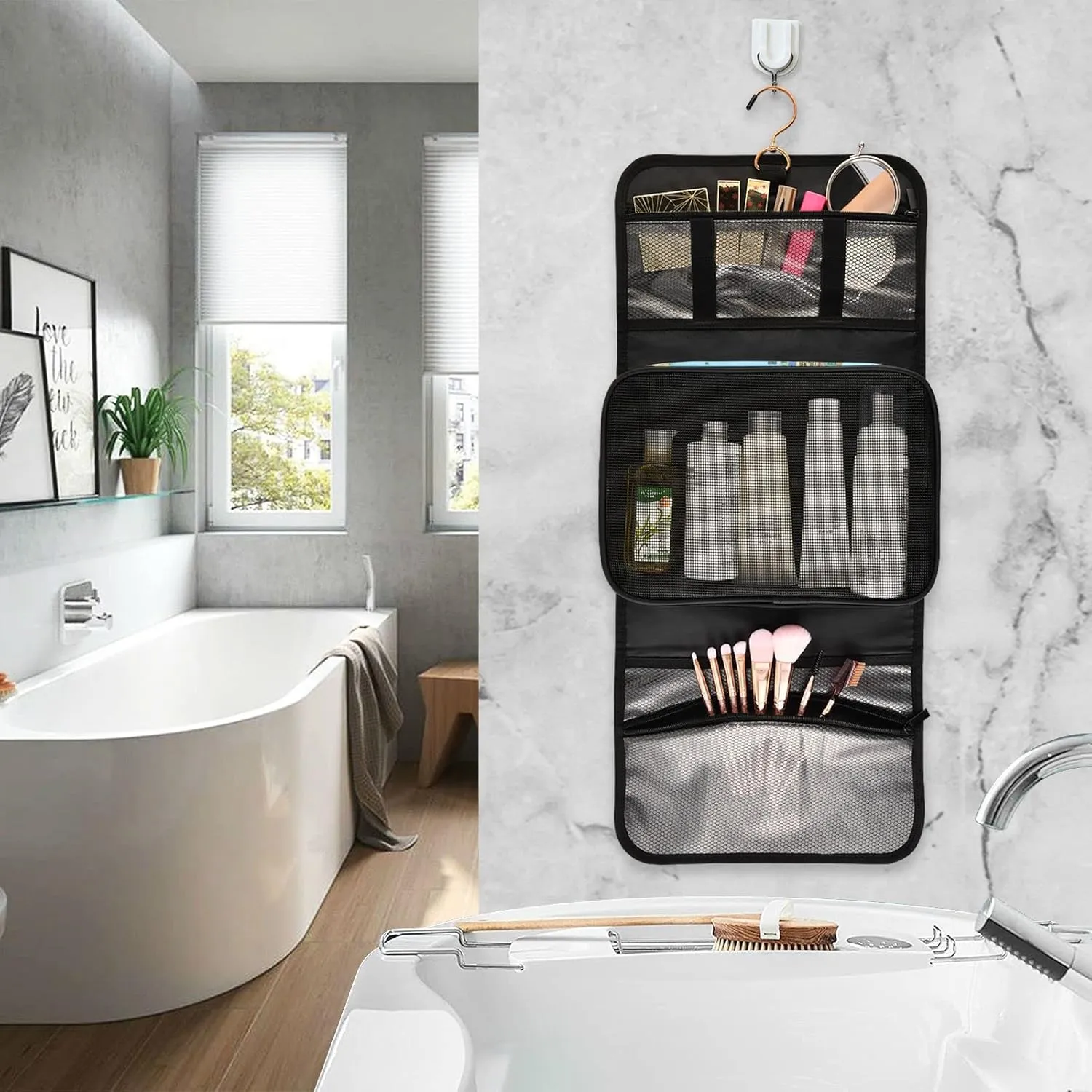 Seamless Black Grey Bats on White 1 PC Hanging Toiletry Wash bag Portable Makeup Organizer Brush Storage Case Portable Travel Cosmetic with Hook