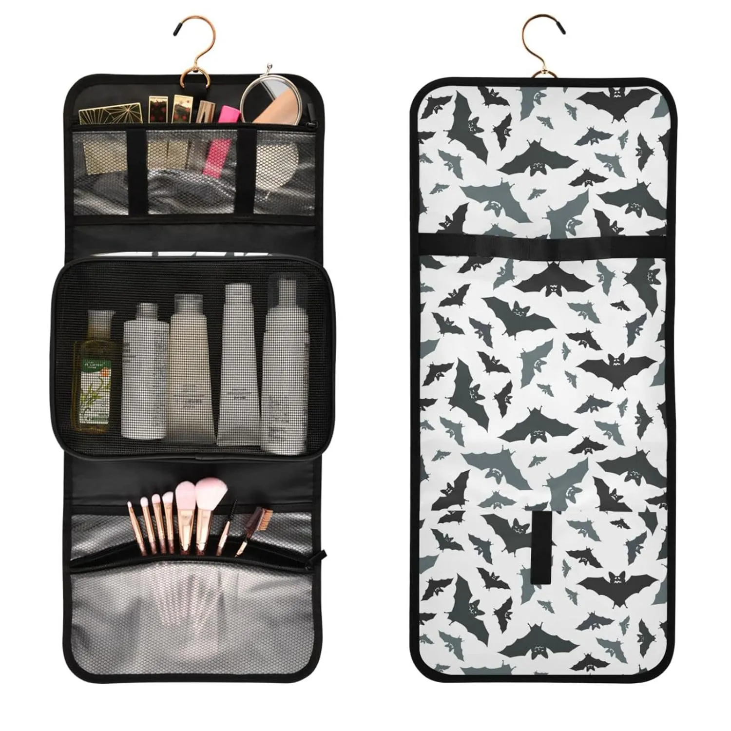 Seamless Black Grey Bats on White 1 PC Hanging Toiletry Wash bag Portable Makeup Organizer Brush Storage Case Portable Travel Cosmetic with Hook