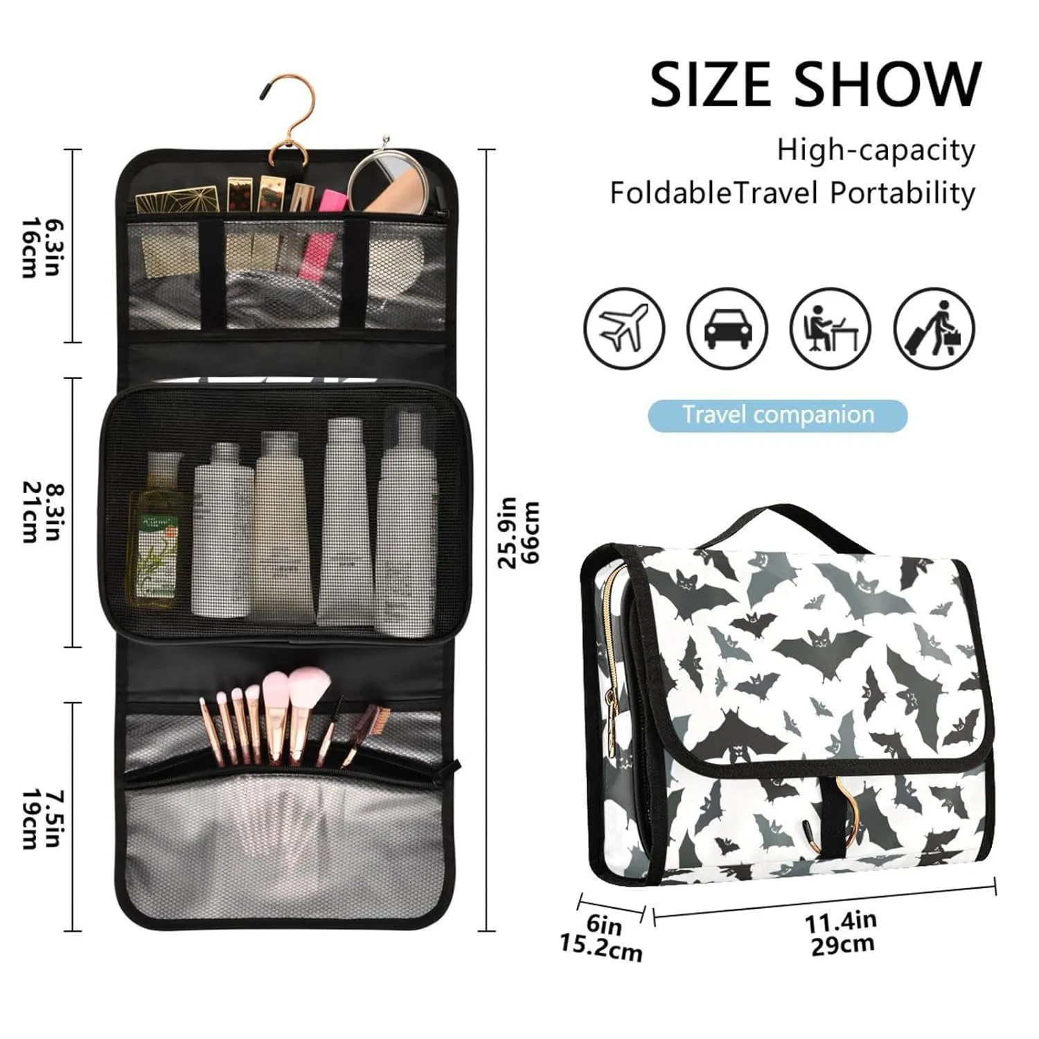 Seamless Black Grey Bats on White 1 PC Hanging Toiletry Wash bag Portable Makeup Organizer Brush Storage Case Portable Travel Cosmetic with Hook