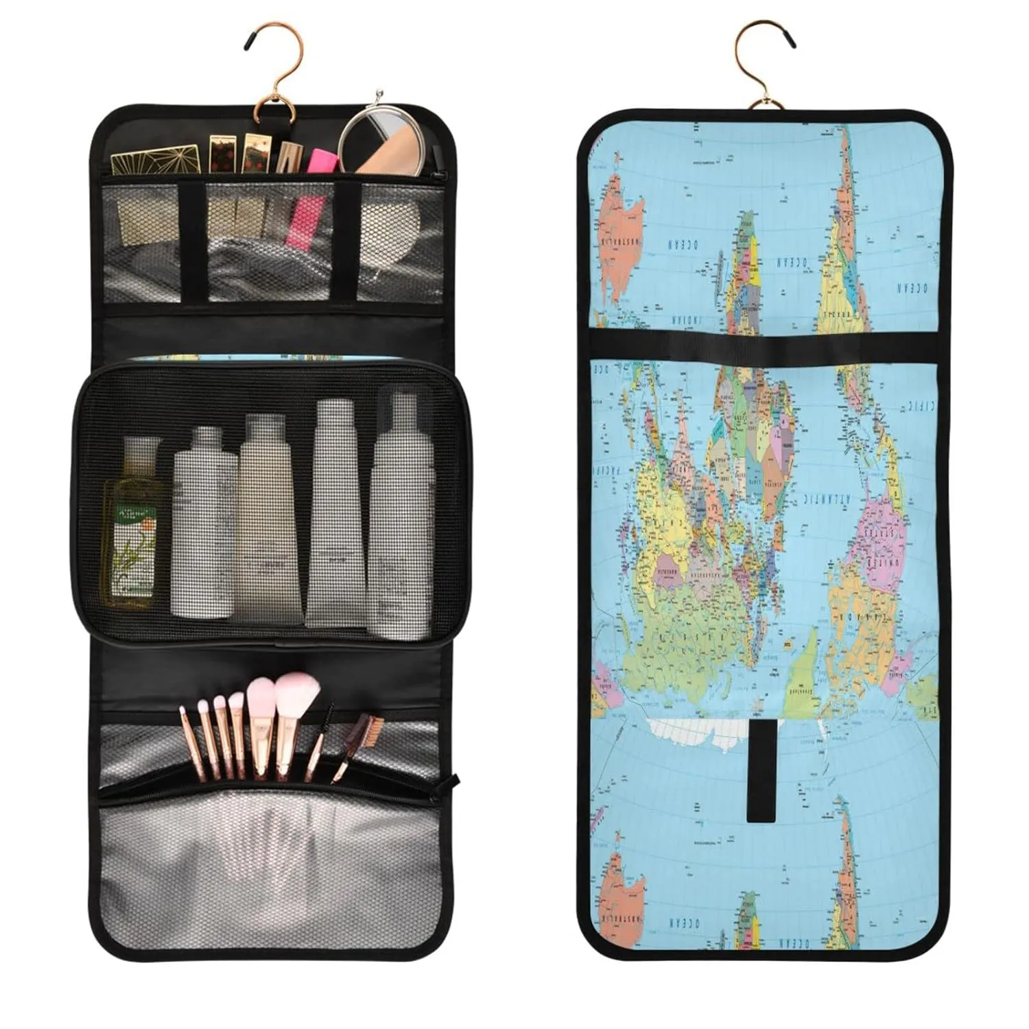 Seamless Black Grey Bats on White 1 PC Hanging Toiletry Wash bag Portable Makeup Organizer Brush Storage Case Portable Travel Cosmetic with Hook