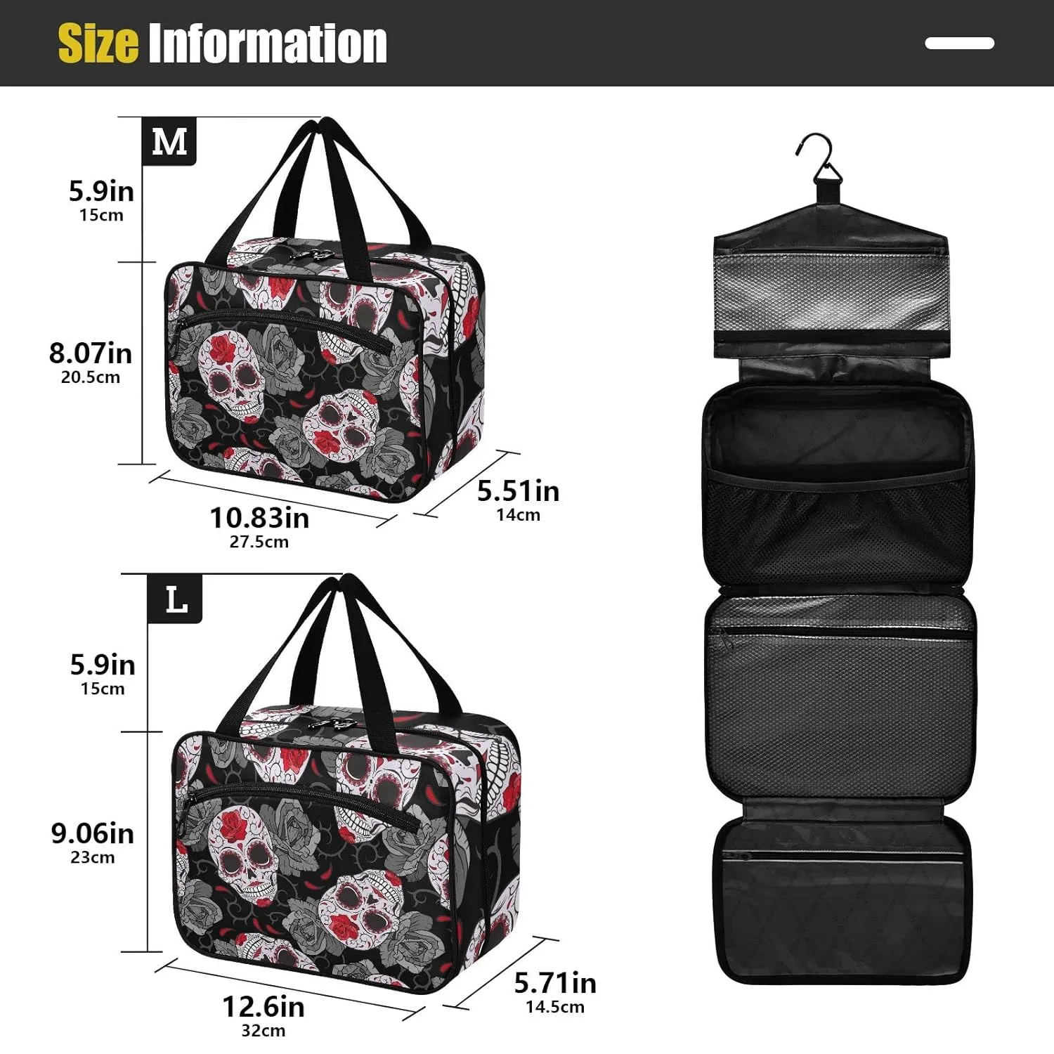 Seamless Gothic Sugar Skulls with Red Roses, Grey Roses Thorns 1 PC Hanging Travel Wash bag with Handles, Portable Makeup Organizer Brush Storage Case Portable Travel Cosmetic with Hook M