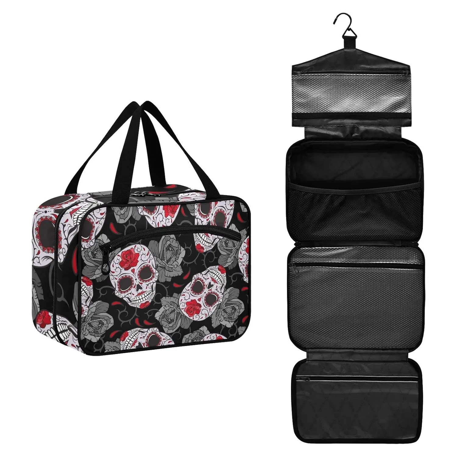 Seamless Gothic Sugar Skulls with Red Roses, Grey Roses Thorns 1 PC Hanging Travel Wash bag with Handles, Portable Makeup Organizer Brush Storage Case Portable Travel Cosmetic with Hook M