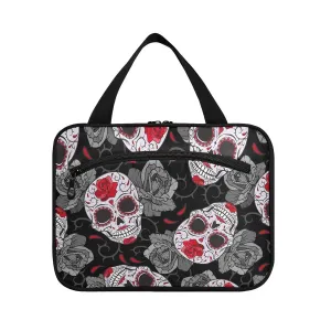 Seamless Gothic Sugar Skulls with Red Roses, Grey Roses Thorns 1 PC Hanging Travel Wash bag with Handles, Portable Makeup Organizer Brush Storage Case Portable Travel Cosmetic with Hook M