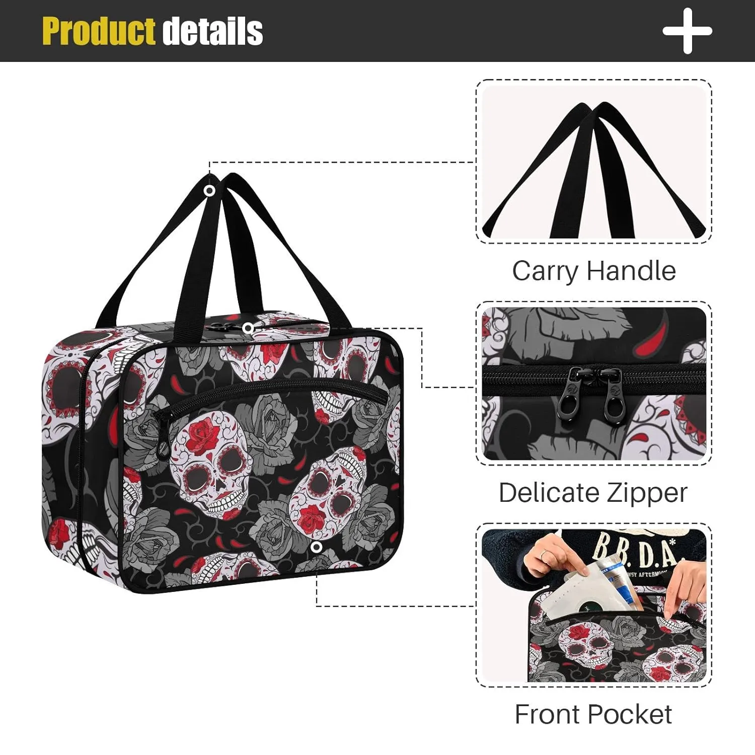 Seamless Gothic Sugar Skulls with Red Roses, Grey Roses Thorns 1 PC Hanging Travel Wash bag with Handles, Portable Makeup Organizer Brush Storage Case Portable Travel Cosmetic with Hook M