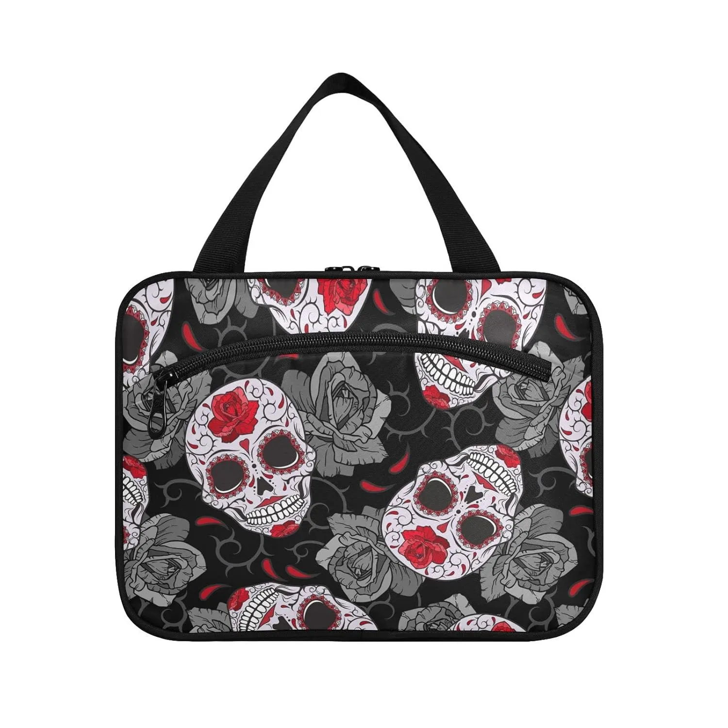 Seamless Gothic Sugar Skulls with Red Roses, Grey Roses Thorns 1 PC Hanging Travel Wash bag with Handles, Portable Makeup Organizer Brush Storage Case Portable Travel Cosmetic with Hook M