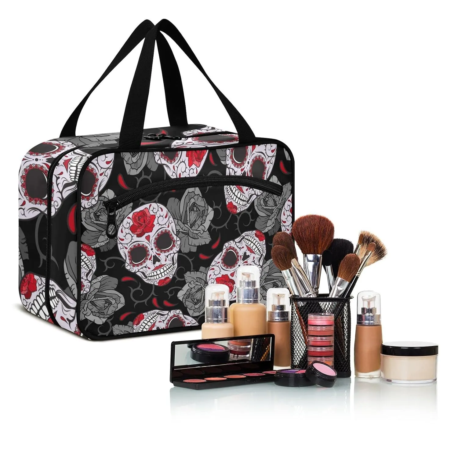 Seamless Gothic Sugar Skulls with Red Roses, Grey Roses Thorns 1 PC Hanging Travel Wash bag with Handles, Portable Makeup Organizer Brush Storage Case Portable Travel Cosmetic with Hook M