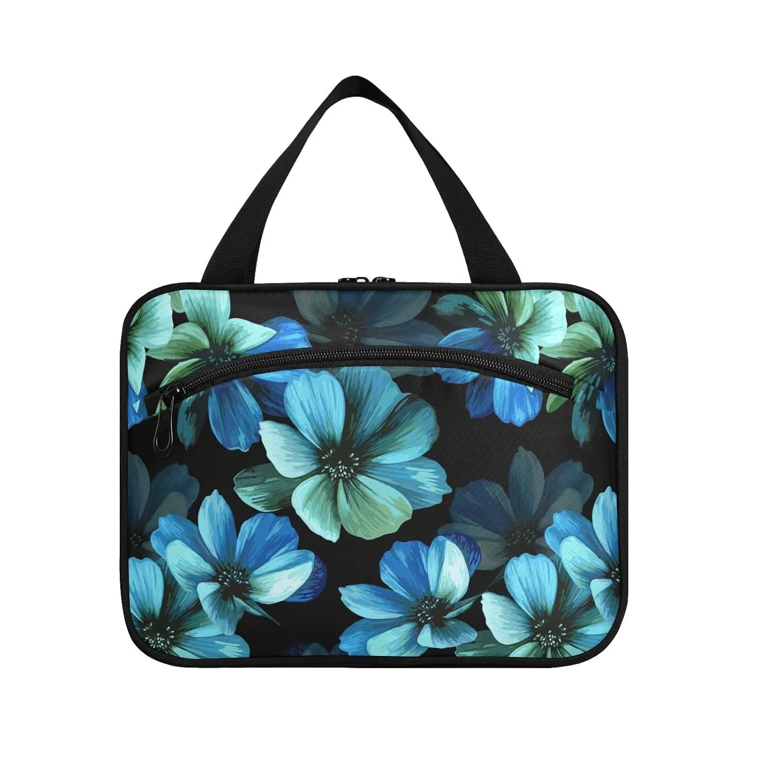 Seamless Mysterious Beautiful Blue Turquoise Flowers on Black 1 PC Hanging Travel Wash bag with Handles, Portable Makeup Organizer Brush Storage Case Portable Travel Cosmetic with Hook M