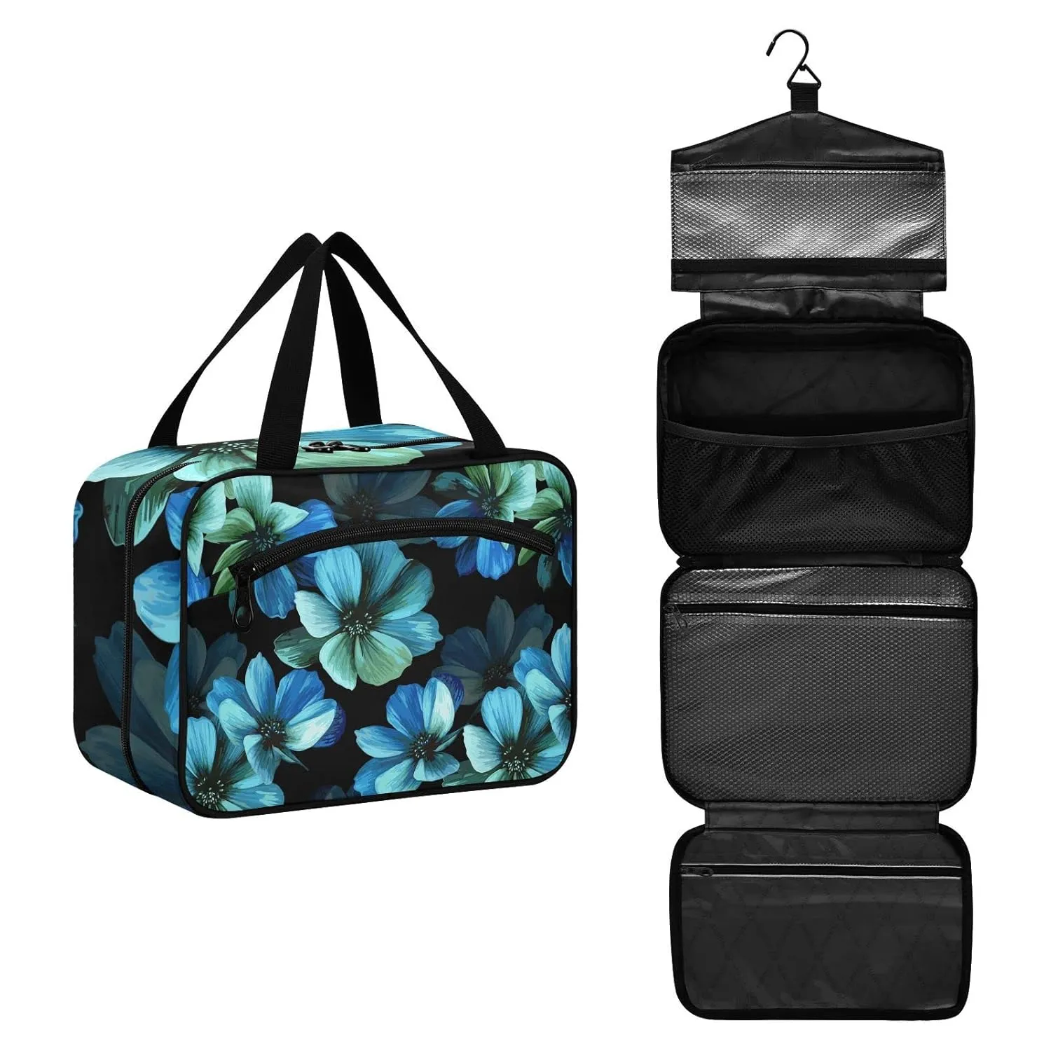 Seamless Mysterious Beautiful Blue Turquoise Flowers on Black 1 PC Hanging Travel Wash bag with Handles, Portable Makeup Organizer Brush Storage Case Portable Travel Cosmetic with Hook M