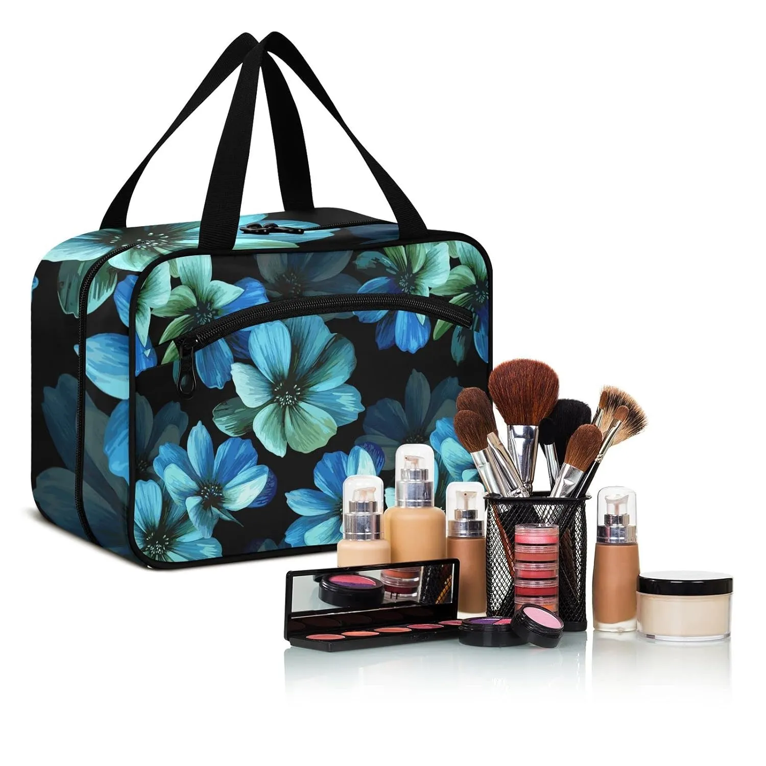 Seamless Mysterious Beautiful Blue Turquoise Flowers on Black 1 PC Hanging Travel Wash bag with Handles, Portable Makeup Organizer Brush Storage Case Portable Travel Cosmetic with Hook M