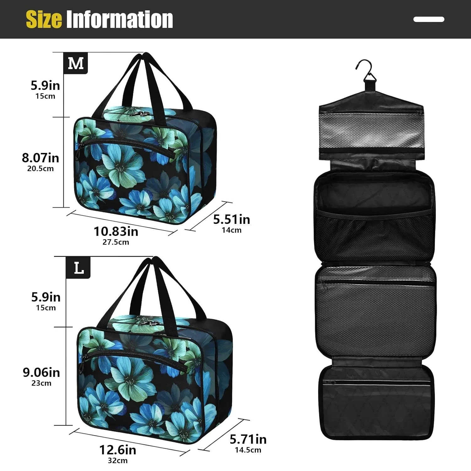 Seamless Mysterious Beautiful Blue Turquoise Flowers on Black 1 PC Hanging Travel Wash bag with Handles, Portable Makeup Organizer Brush Storage Case Portable Travel Cosmetic with Hook M