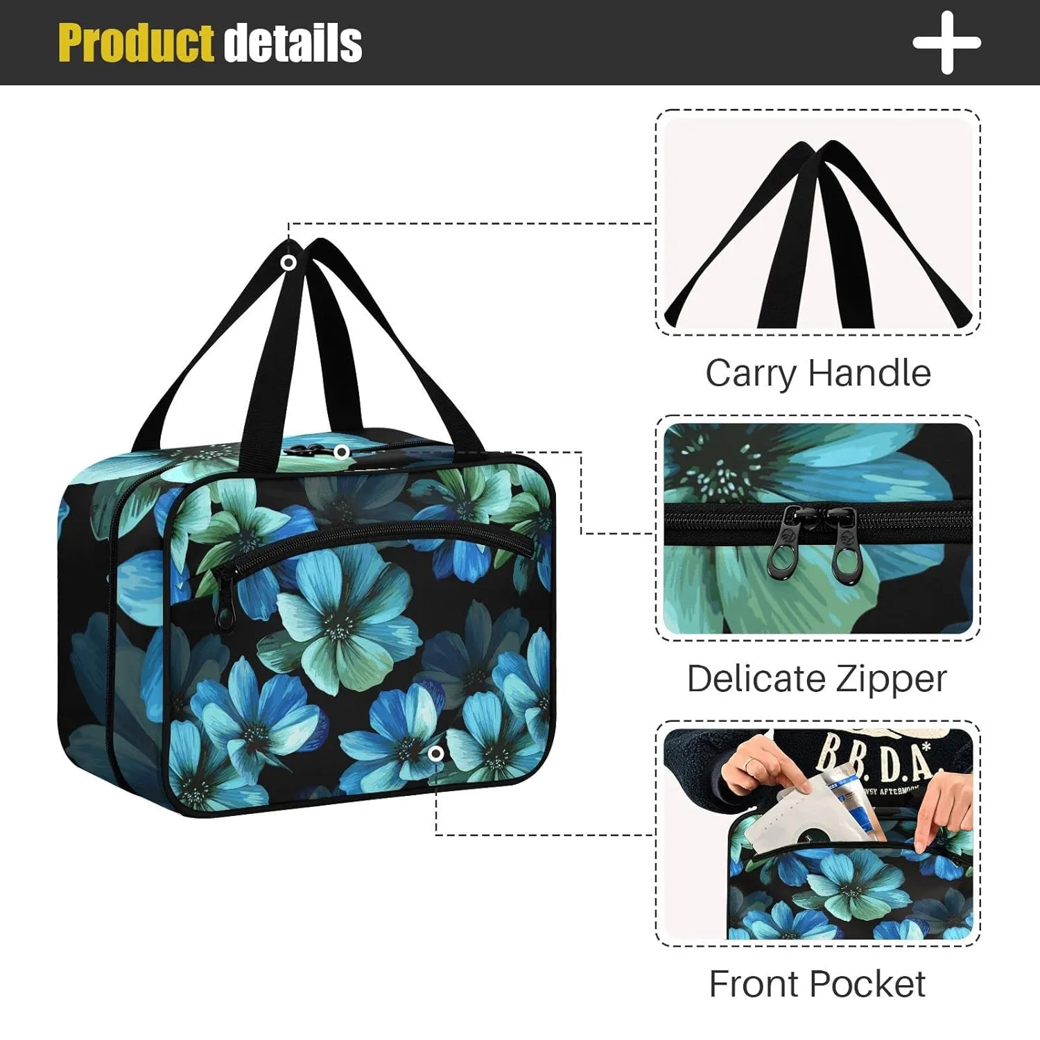 Seamless Mysterious Beautiful Blue Turquoise Flowers on Black 1 PC Hanging Travel Wash bag with Handles, Portable Makeup Organizer Brush Storage Case Portable Travel Cosmetic with Hook M