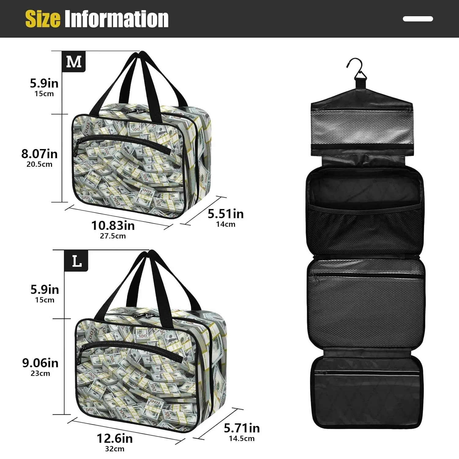 Seamless Packs of Dollars Lots of Cash Money Texture 1 PC Hanging Travel Wash bag with Handles, Portable Makeup Organizer Brush Storage Case Portable Travel Cosmetic with Hook L