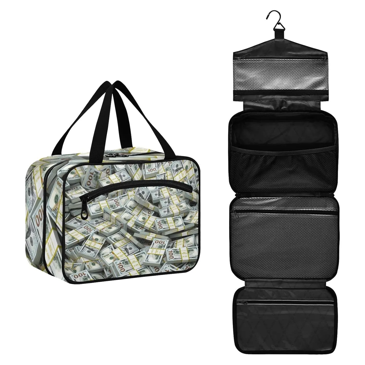 Seamless Packs of Dollars Lots of Cash Money Texture 1 PC Hanging Travel Wash bag with Handles, Portable Makeup Organizer Brush Storage Case Portable Travel Cosmetic with Hook L