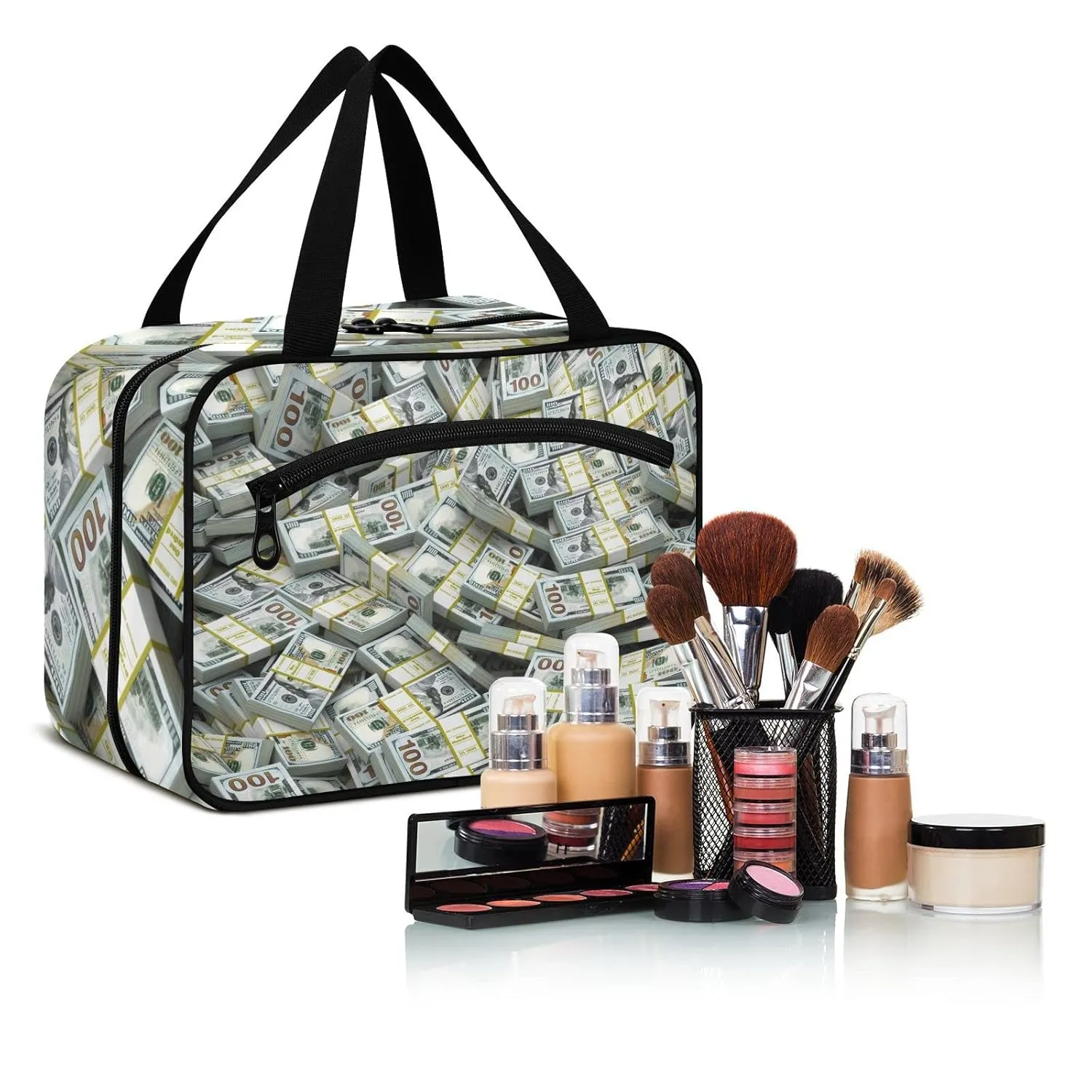 Seamless Packs of Dollars Lots of Cash Money Texture 1 PC Hanging Travel Wash bag with Handles, Portable Makeup Organizer Brush Storage Case Portable Travel Cosmetic with Hook L