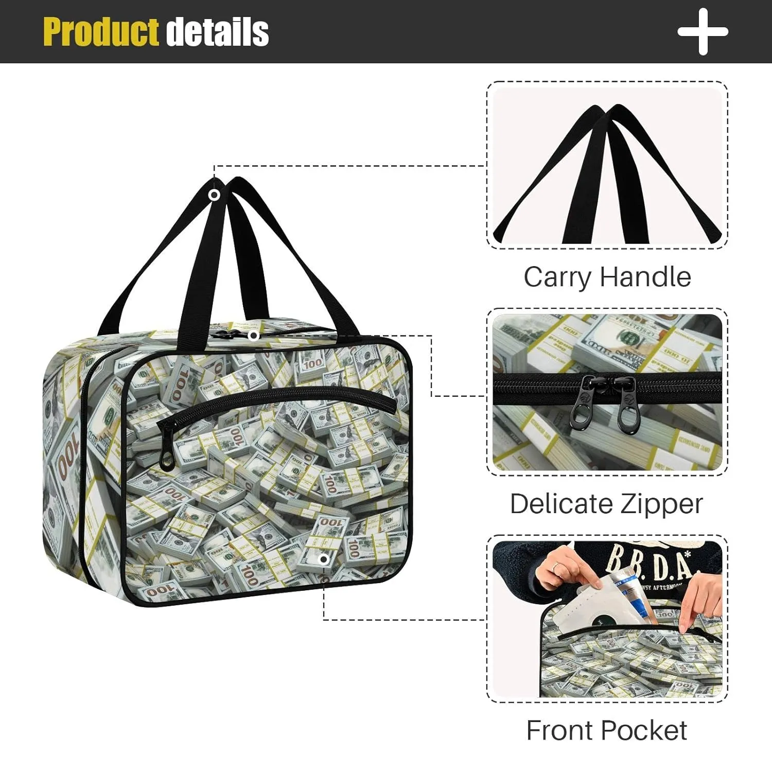 Seamless Packs of Dollars Lots of Cash Money Texture 1 PC Hanging Travel Wash bag with Handles, Portable Makeup Organizer Brush Storage Case Portable Travel Cosmetic with Hook L