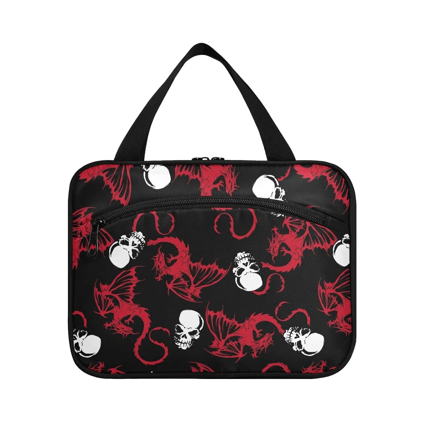 Seamless White Skull and Red Wing Flying Dragon on Dark Black 1 PC Hanging Travel Wash bag with Handles, Portable Makeup Organizer Brush Storage Case Portable Travel Cosmetic with Hook L