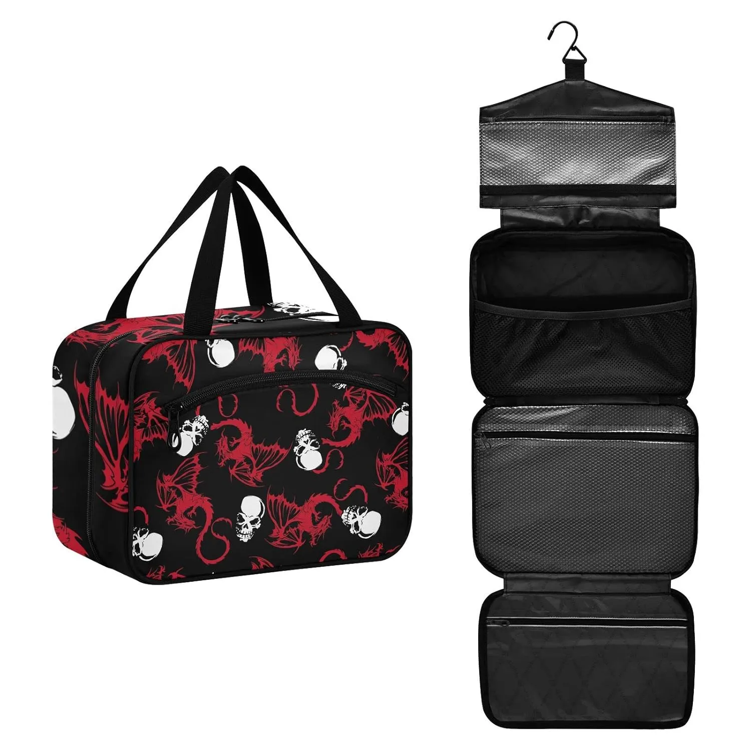 Seamless White Skull and Red Wing Flying Dragon on Dark Black 1 PC Hanging Travel Wash bag with Handles, Portable Makeup Organizer Brush Storage Case Portable Travel Cosmetic with Hook L