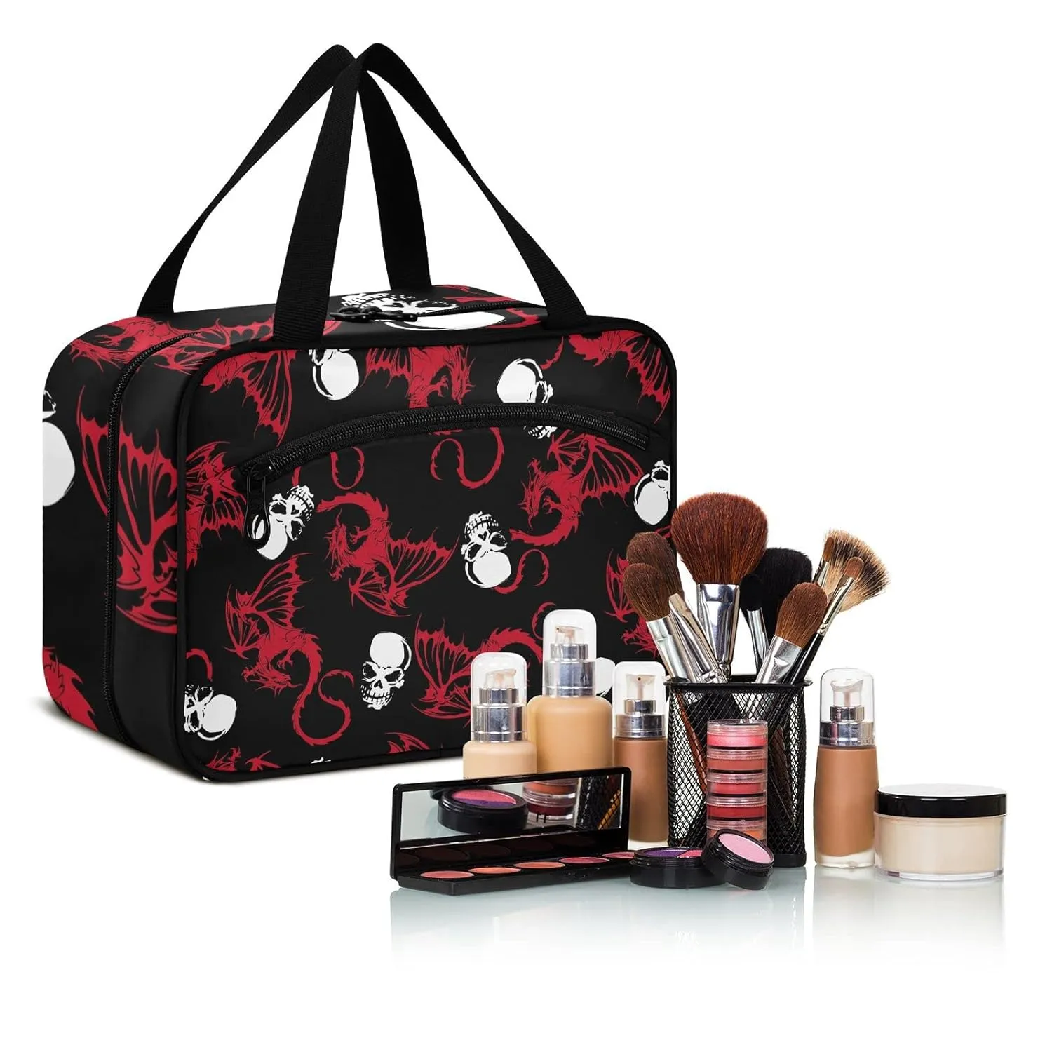 Seamless White Skull and Red Wing Flying Dragon on Dark Black 1 PC Hanging Travel Wash bag with Handles, Portable Makeup Organizer Brush Storage Case Portable Travel Cosmetic with Hook L