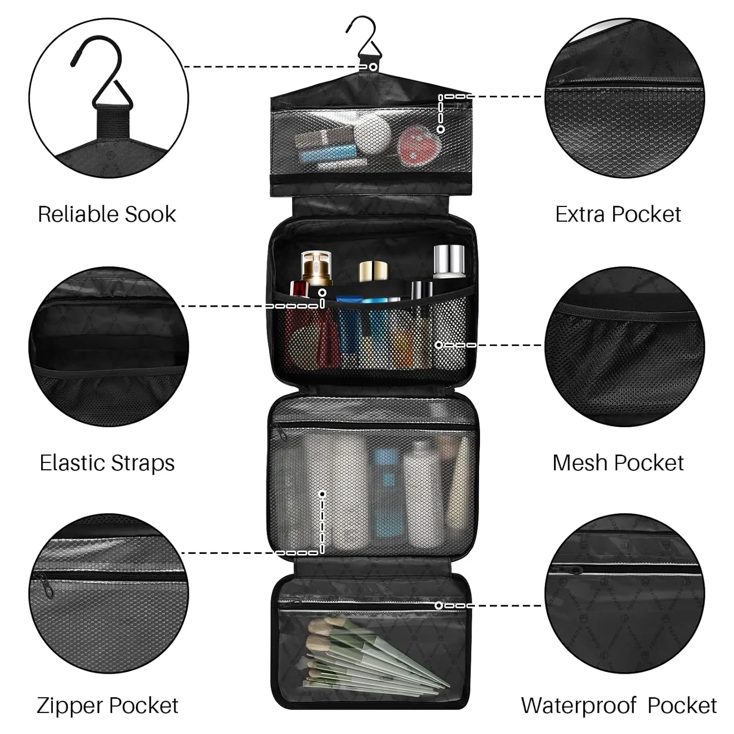 Seamless White Skull and Red Wing Flying Dragon on Dark Black 1 PC Hanging Travel Wash bag with Handles, Portable Makeup Organizer Brush Storage Case Portable Travel Cosmetic with Hook L