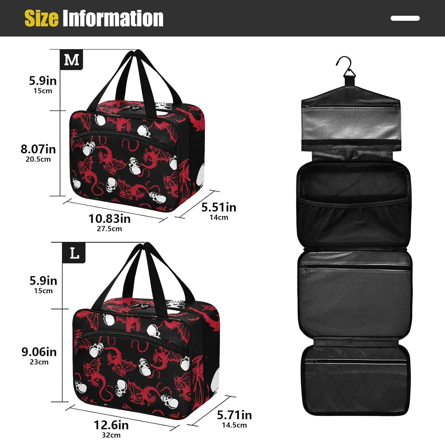 Seamless White Skull and Red Wing Flying Dragon on Dark Black 1 PC Hanging Travel Wash bag with Handles, Portable Makeup Organizer Brush Storage Case Portable Travel Cosmetic with Hook L