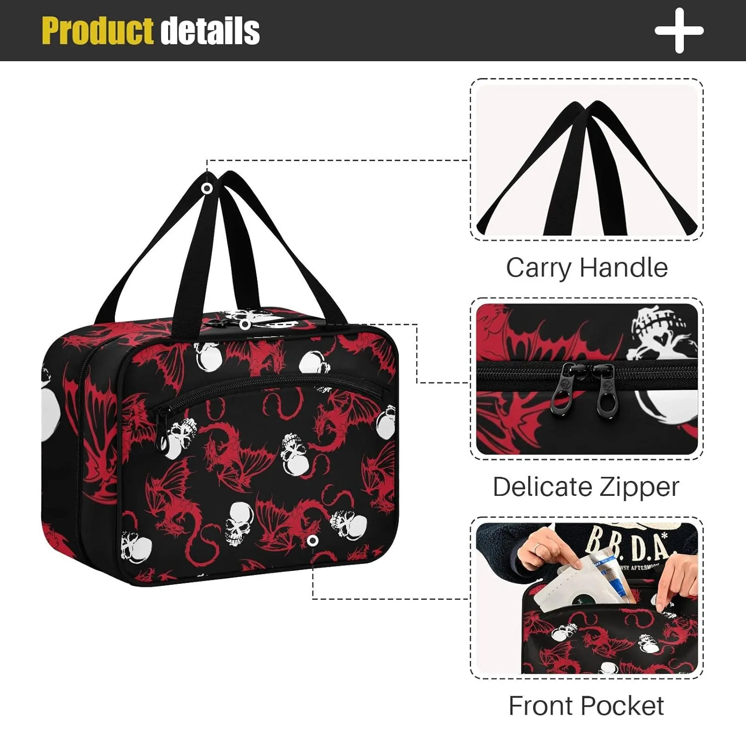 Seamless White Skull and Red Wing Flying Dragon on Dark Black 1 PC Hanging Travel Wash bag with Handles, Portable Makeup Organizer Brush Storage Case Portable Travel Cosmetic with Hook L