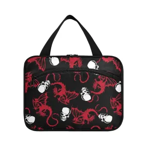 Seamless White Skull and Red Wing Flying Dragon on Dark Black 1 PC Hanging Travel Wash bag with Handles, Portable Makeup Organizer Brush Storage Case Portable Travel Cosmetic with Hook L