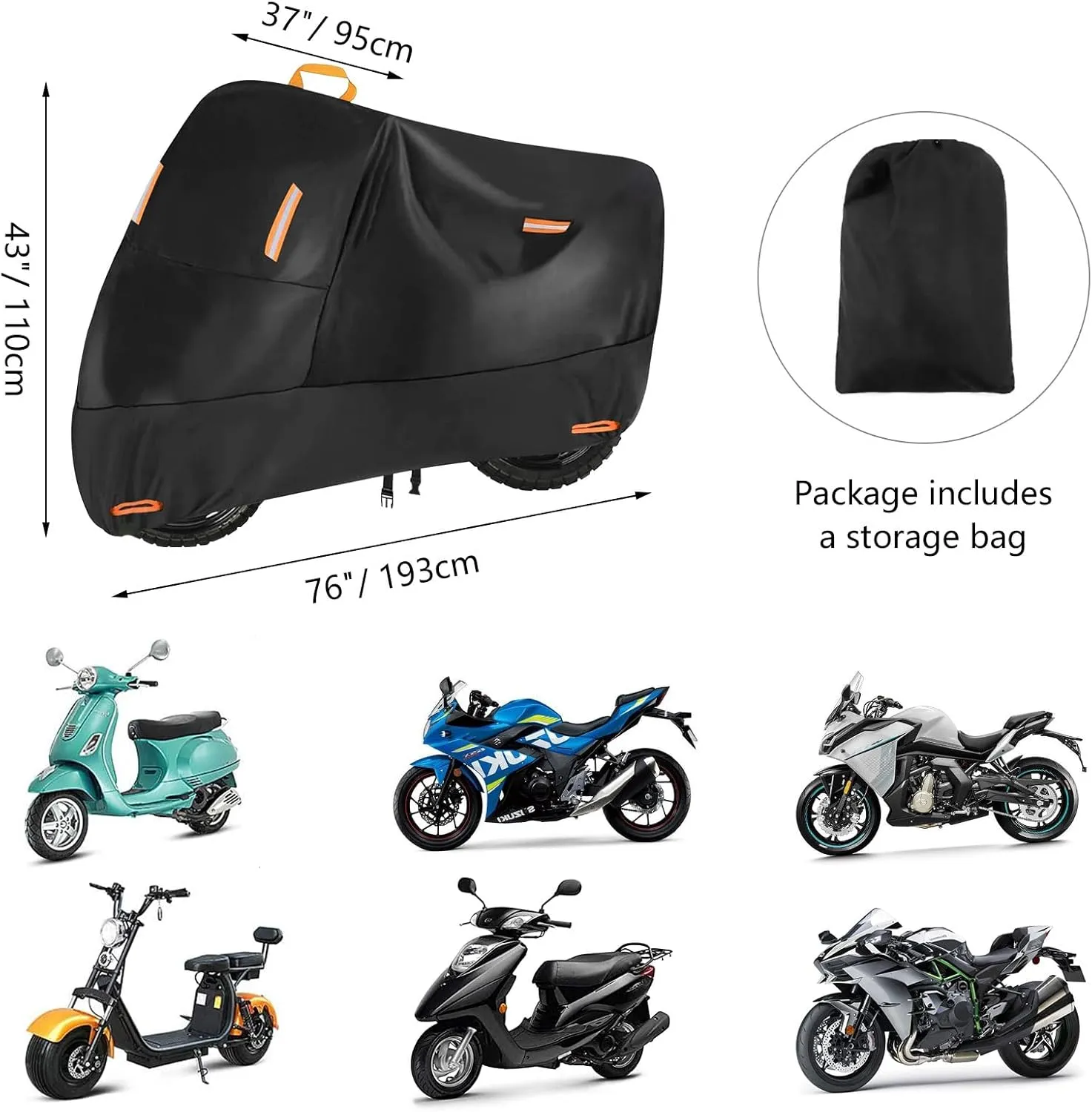 SECELES 300D Motorcycle Cover Heavy Duty, SECELES All Season Durable Scooter Vespa Cover Waterproof Outdoor for Small Bike Scooter Bicycle fit up to 75 inch Motorbike (L: 75" x 37" x 39")