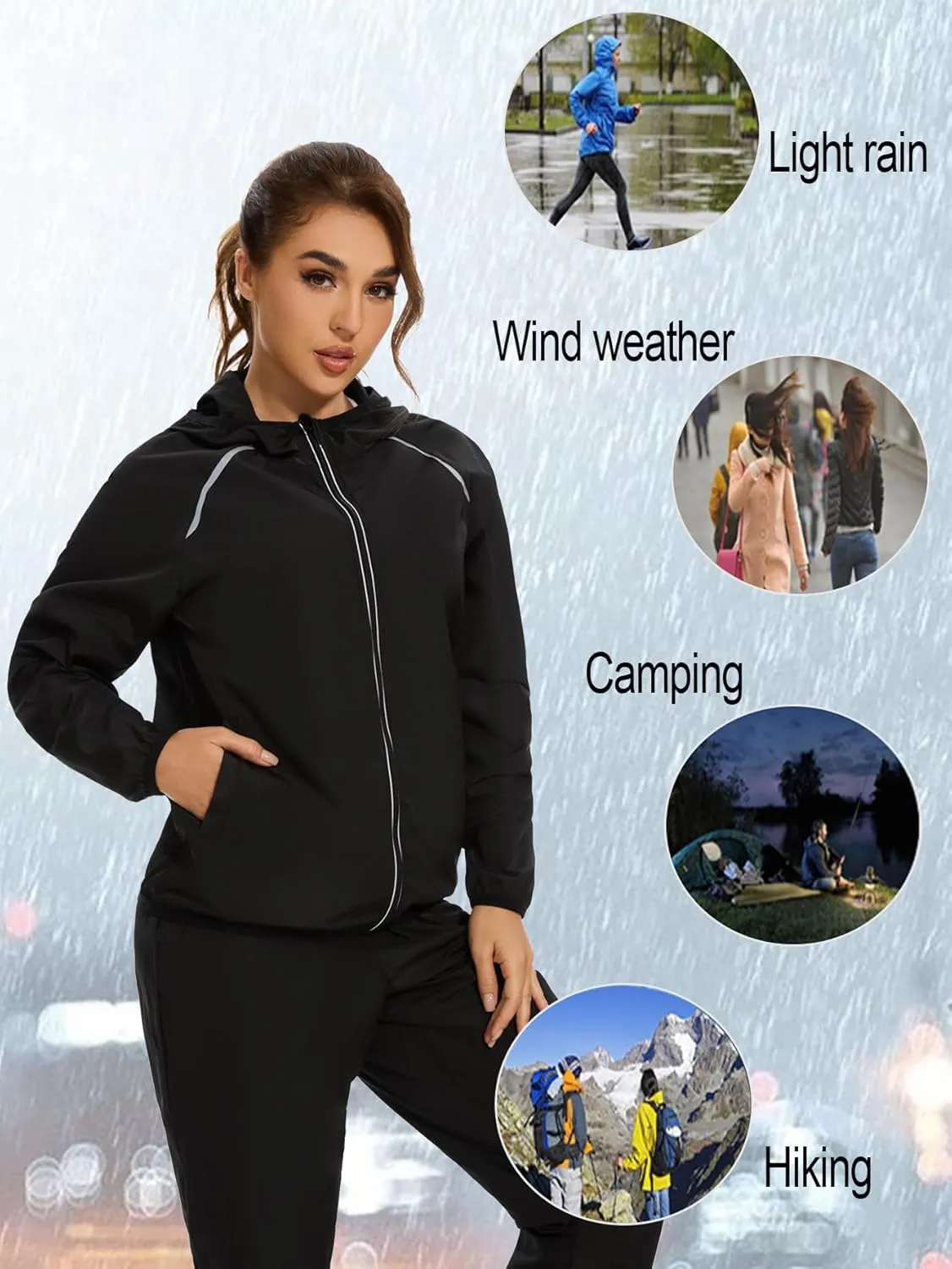 SEXYWG Women Rain Jacket with Hood Zipper Rain Coat Long Sleeves Raincoat Stylish Rain Suit Top Outdoor Travel Coat