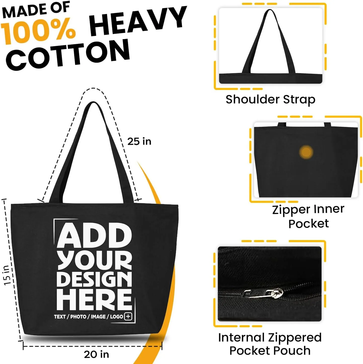 shop4ever Personalized Custom Design Your Own Heavy Canvas Tote with Zipper Reusable Shopping Bag Customizable Gift