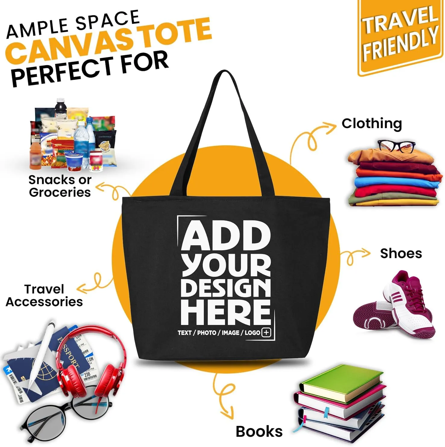 shop4ever Personalized Custom Design Your Own Heavy Canvas Tote with Zipper Reusable Shopping Bag Customizable Gift