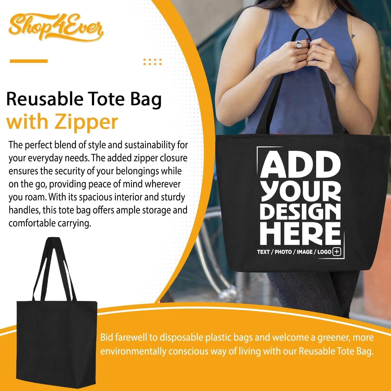 shop4ever Personalized Custom Design Your Own Heavy Canvas Tote with Zipper Reusable Shopping Bag Customizable Gift