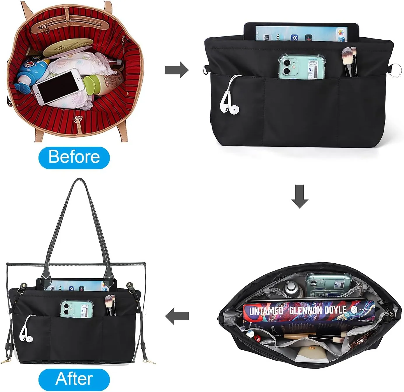 Sightor Nylon Handbag Organizer Insert - Purse Tote Shaper in Bag (Black, Medium)