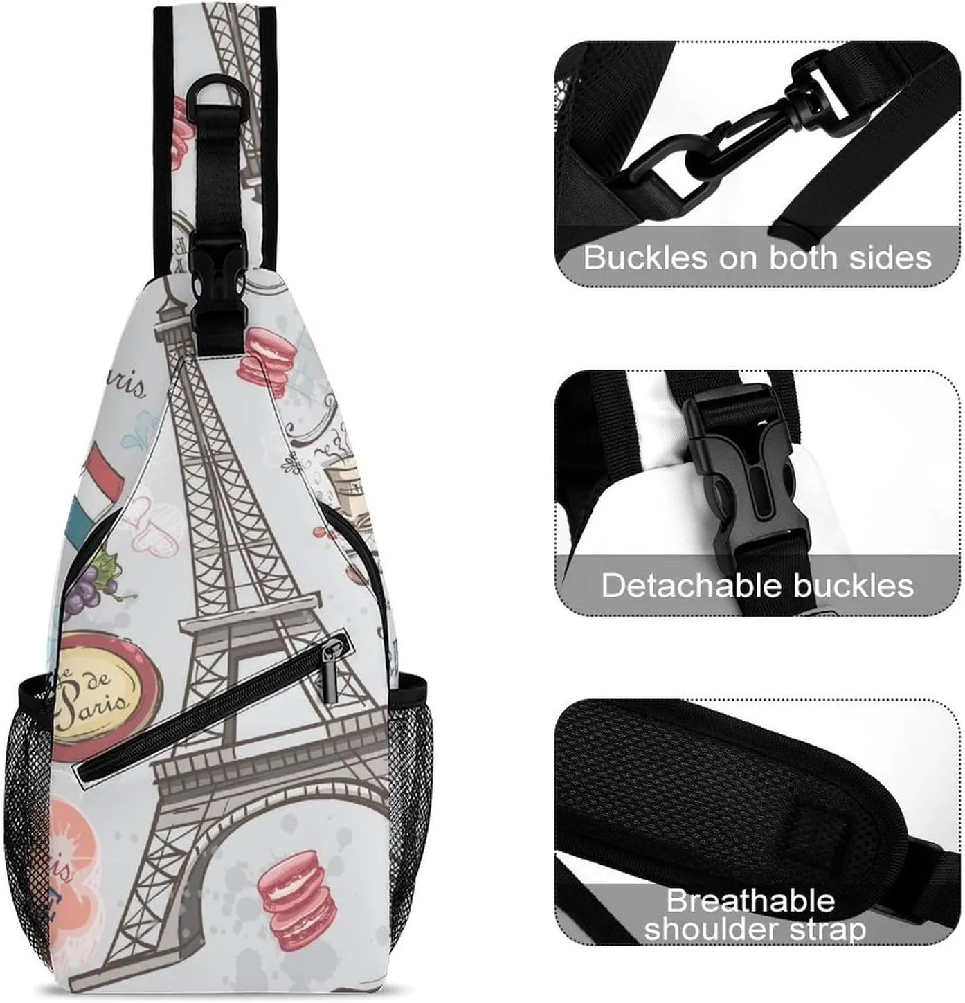 Sights of Paris Sling Backpack, Crossbody Shoulder Bag, Chest Bags for Outdoor Travel Fitness, 38x20cm, Style-1