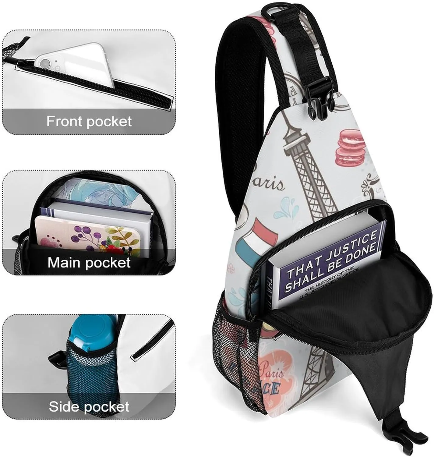 Sights of Paris Sling Backpack, Crossbody Shoulder Bag, Chest Bags for Outdoor Travel Fitness, 38x20cm, Style-1